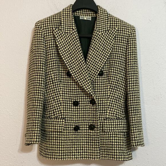 Madyva Made in Italy Women Tan/Black Wool Blend Houndstooth Blazer Size 44 - Picture 2 of 10